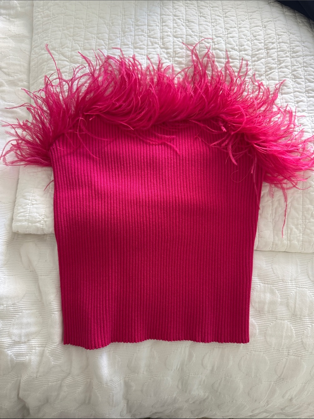Milly Hot Pink Feather-Trim Strapless Ribbed Top